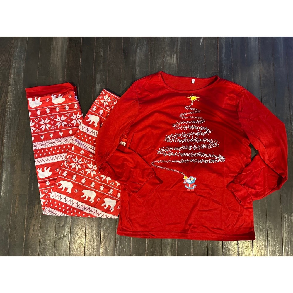 Mens Christmas Pajama Set Red Long Sleeve Holiday Sleepwear Polar Bear Fair Isle